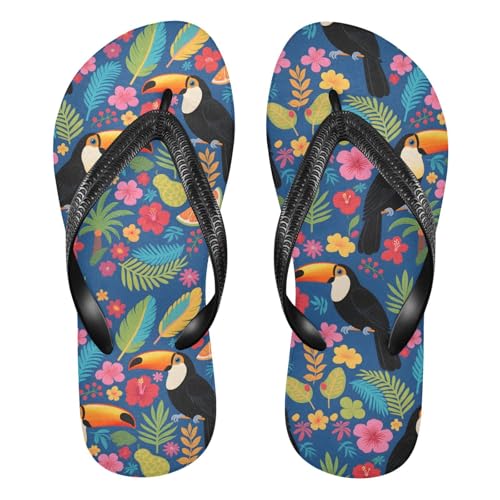 ALAZA Toucan Birds Tropical Flower Leaf Flip Flops for Women Fashion Beach Slippers Comfort Mens Flip Flops Non-Slip Rubber Shower Slippers Sandal for Hotel Travel Sport,XS