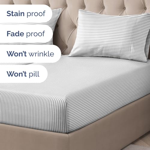 Image of Split King 5 Piece Striped Sheet Set - Breathable & Cooling - Fine Lines | 1 Flat, 2 Fitted & 2 Pillowcases w / Deep Pockets, Luxury Striped Bedding, Soft, Breathable & Cooling, Wrinkle & Fade Free