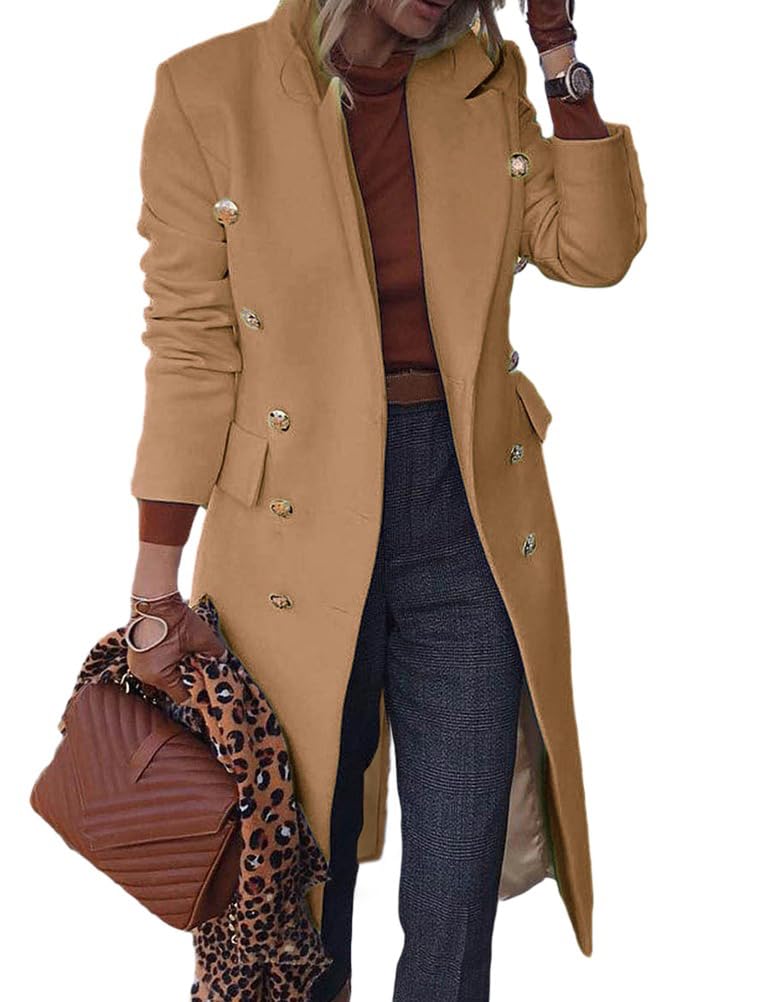 IDEALSANXUN Long Wool Coats for Women Fall Winter Trench Coat Double Breasted Dressy Jackets, Camel, Small