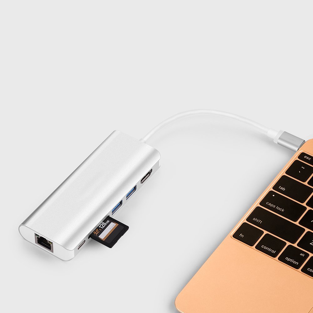 6 in 1 USB C (Thunderbolt 3) a HDMI 4K, due porte USB 3.0, lettore di schede (scheda SD), porta di ricarica USB C e adattatore Gigabit Ethernet in lega di alluminio per MacBook ecc. (argento)