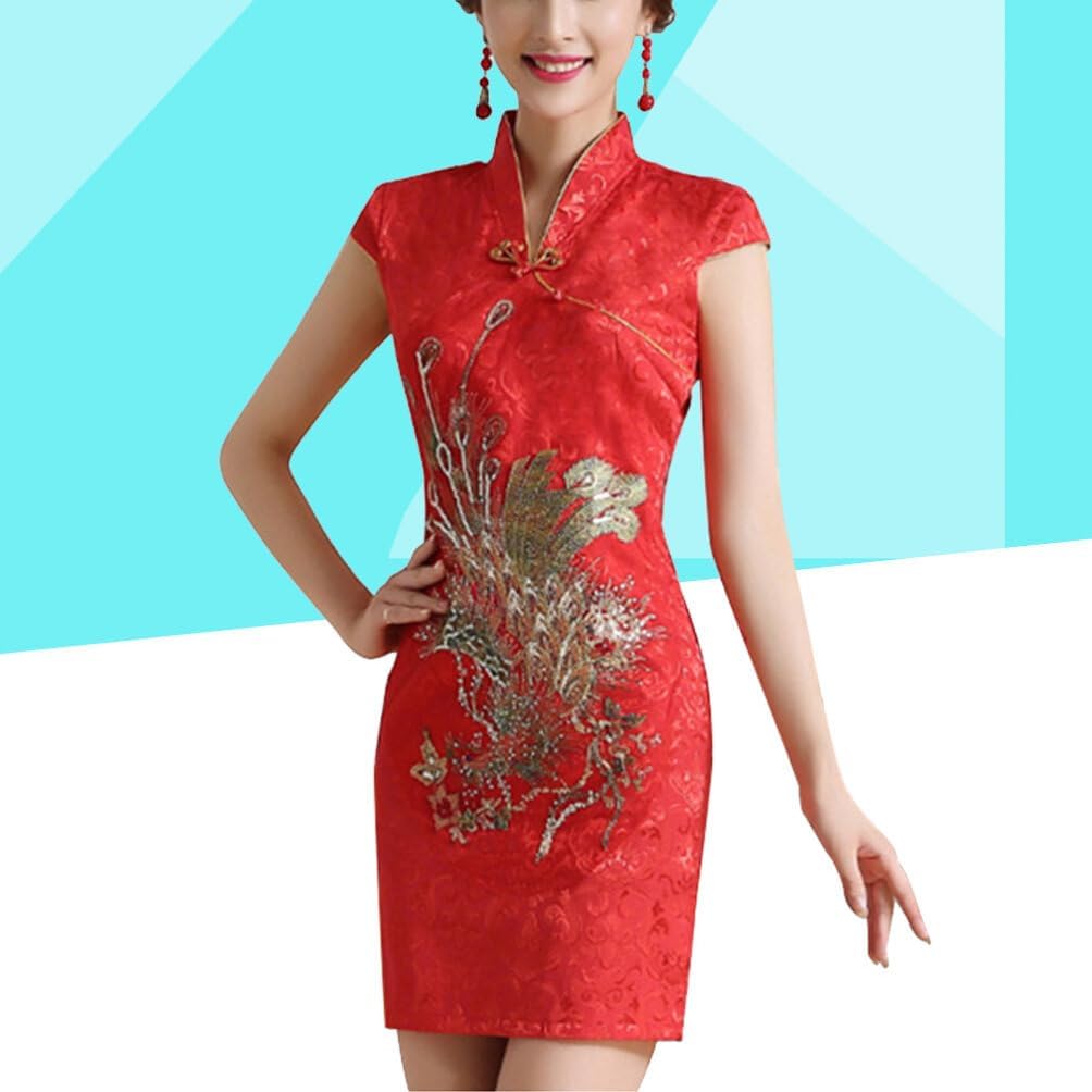 Chinese Traditional Dress Traditional Chine Cotton Banquet Cotton Short Sleeve Qipao High Waistline Wedding Cheongsam Toast Clothing Bride Red