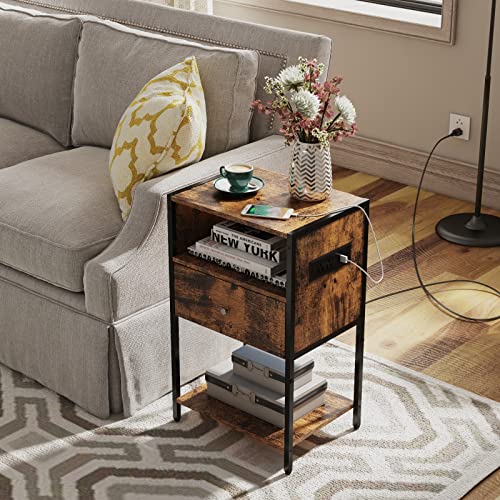 Ldttcuk Nightstand With Charging Station, Modern End Table With Drawer, Bedside Table With Open Storage For Bedroom,Rustic Brown #TOP1
