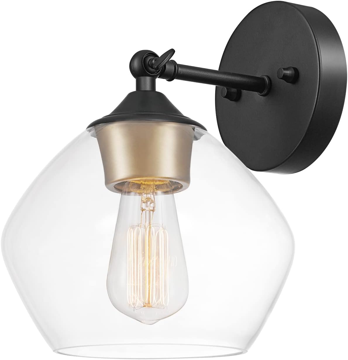 Globe Electric 51367 1-Light Wall Sconce, Matte Black, Gold Accent Socket, Clear Glass Shade, Wall-Lamp Dimmable, Lights for Bedroom, Kitchen Sconces Lighting, Home Decor, Bulb Not Included