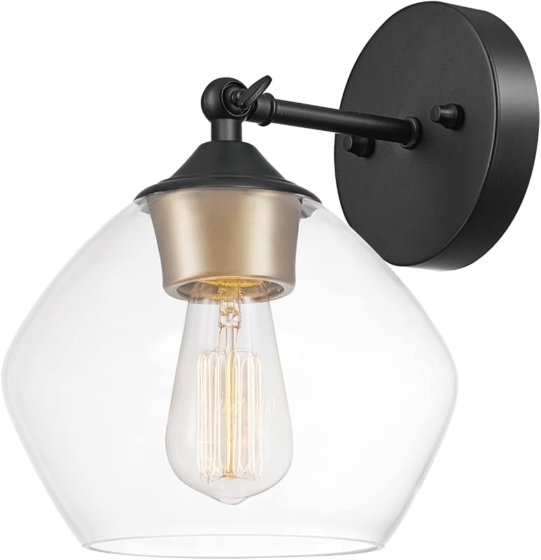 51367 1-Light Wall Sconce, Matte Black, Gold Accent Socket, Clear Glass Shade, Wall-Lamp Dimmable, Lights for Bedroom, Kitchen Sconces Lighting, Home Decor, Bulb Not Included