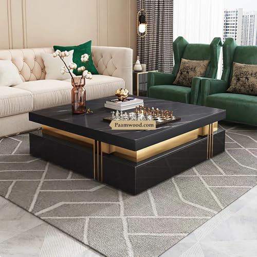 Image of Premium Marble-Top Wooden Center Table with Drawer for Living Room | Luxury Modern Coffee Table | Contemporary Design Craftsmanship - 36X36X17 Inch (Black)