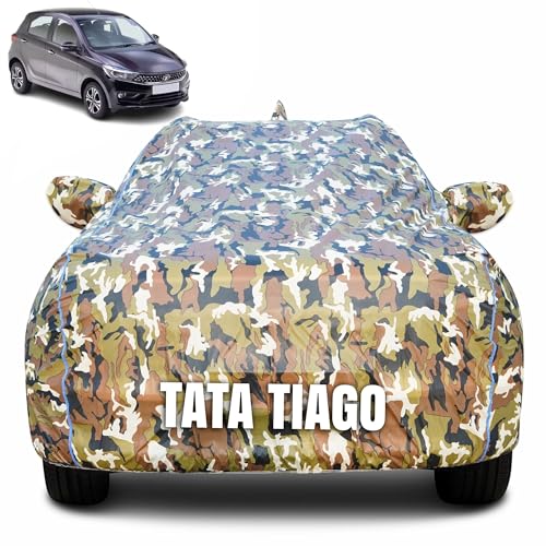 Image of 100% Waterproof Car Body Cover for Tata Tiago (2016-2025) with Mirror Pocket (Heat & UV Resistant, Triple Stitched, Soft Lining, Bottom Elastic & Piping) Camouflage, Military Print