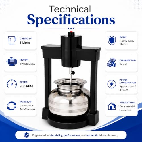 Image of AURHA Butter Making Machine - Electric Bilona Madhani Churner | 5L Capacity, 24V Adapter, 950 RPM | Dual Motor Traditional Churning | Curd & Buttermilk Churner | Heavy Duty Plastic Body