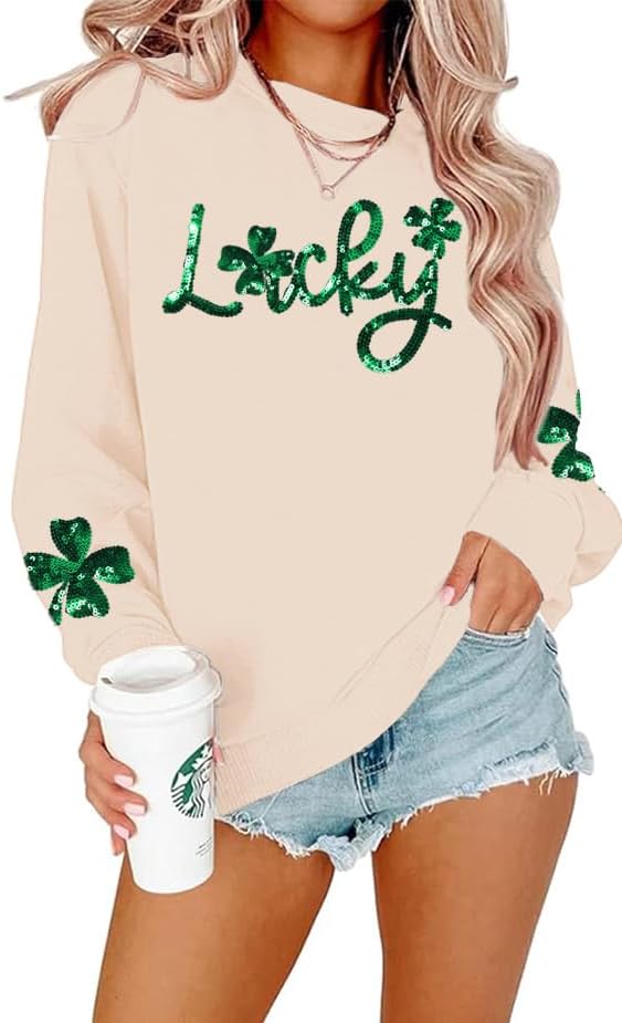 FAYALEQ Women St Patrick's Day Sweatshirt Sequin Shamrock Pullover Irish Sweatshirt Crewneck Long Sleeve Top