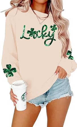 FAYALEQ Women St Patricks Day Sweatshirt Sequin Shamrock Pullover Irish Sweatshirt Crewneck Long Sleeve Top