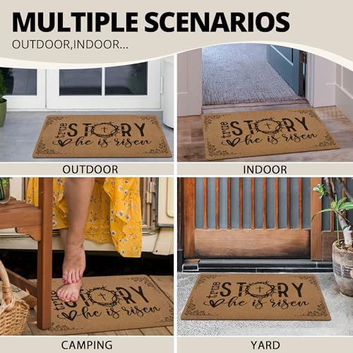 Image of Christian Easter Door Mat Doormat, He is Risen Bible Verse Welcome Front Door Mat Indoor Outdoor Entrance, Religious Easter Artificial Coir Doormats Rugs for Porch Entryway Decor 30x17in