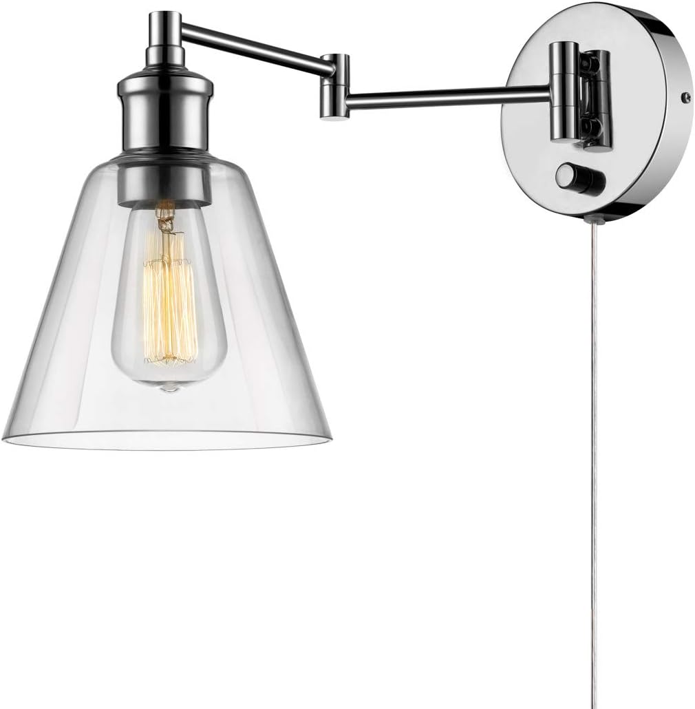 GLOBE Electric 65704 1-Light Plug-in or Hardwire Industrial Wall Sconce, Chrome Finish, On/Off Rotary Switch, 6ft Clear Cord, Clear Glass Shade, Lights for Bedroom, Kitchen Sconces, Bulb Not Included