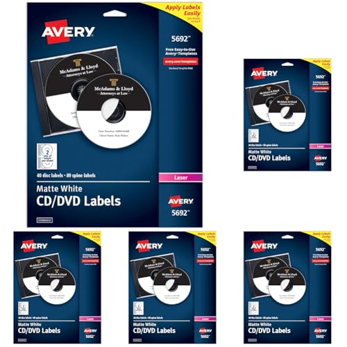 Image of Avery Printable CD Labels, Matte White, Permanent Adhesive, Laser Printable, 40 Blank CD & 80 Blank Spine Stickers, Great for DVD, PC Discs, and More (5692) (Pack of 5)