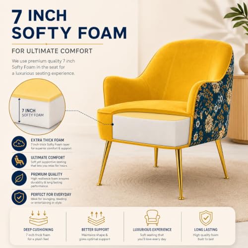 Image of Modern Accent Chair with Pouf | Fabric Armchair & Matching Footstool with Golden Legs | Comfortable Lounge Chair Set for Living Room, Bedroom & Home (Yellow, Big Zara Floral with Puffy)