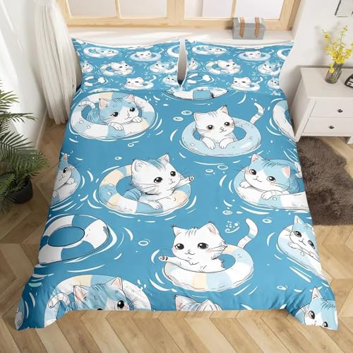 NDXRWDZR 布団セット 青い猫 枕カバー付寝具 柔らかい 通気性 抗菌 防臭 防ダニ ポリエステル布団カバー 190x210 cm + 2 枕カバー 43x63 cm