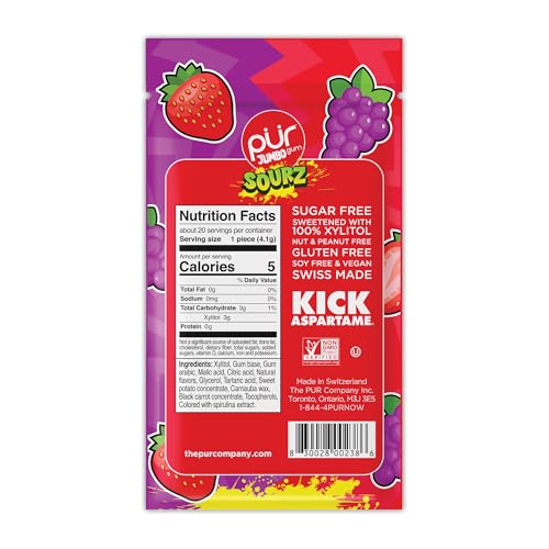 Image of PUR Jumbo Gum, Sour Strawberry & Grape, Xylitol Gum, 20 Count