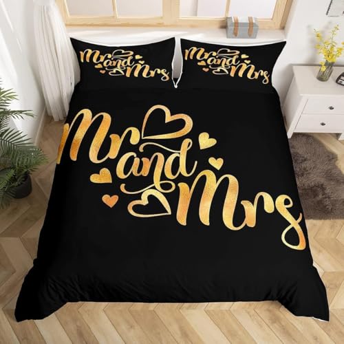 Ensemble de Literie M. et Mme 200x200 pour Femmes Housse de Couette Love Heart pour Couples,Parure de Lit Noir et Or Couvre Lit Romantique pour Adultes et...