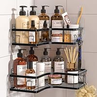 Duschablage Ohne Bohren, Duschablage Ecke 2 Stück mit 8 Haken und 6 Klebstoff Duschregal Ohne Bohren, Edelstahl Duschregal Küche/Badezimmer Organizer, Schwarz