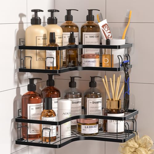 Etagère Douche, Etagere Salle de Bain Angle 2 PCS, Etagere Douche sans Percage Acier Inoxy avec 8 Crochets 6 Adhésifs Rangement Salle de Bain Cuisine