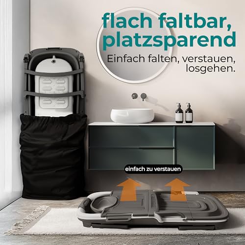 SereneLife Faltbare Badewanne Erwachsene 150 cm – Mobile Klappbare Badewanne für Dusche mit Deckel und Ablaufschlauch für Indoor und Outdoor, Dunkelgrau