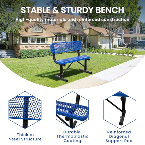 Image of 4FT Outdoor Metal Bench Park Benches for Outside, Blue Heavy Duty Long Steel Bench with Back, Commercial Garden Bench Expanded Metal Bench Seat for Lawn, Park, Deck, Garden, Patio, Porch