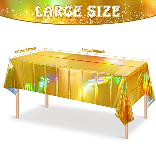 Image of 4 Pack Gold Iridescent Plastic Tablecloths Shiny Disposable Laser Rectangle Table Covers Holographic Foil Tablecloth Iridescent Party Decorations Birthday Bridal Wedding Christmas, 54 x 108 Inch