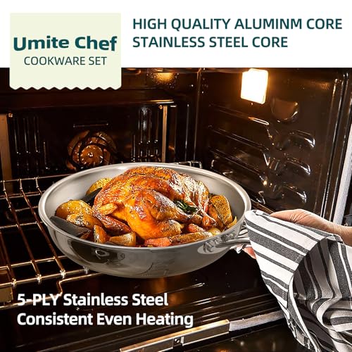 Umite Chef Stainless Steel Cookware Set, 5 Ply 14 Piece Stainless Steel Pot and Pan Set-Induction, Heavy Chef Quality, Oven Safe | Professional Kitchen Cooking Appliances, PFOA, PTFE & PFOS Free by Umite Chef - Image 5