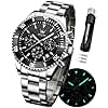 OLEVS Watches for Men Analog Quartz Chronograph Silver Stainless Steel Waterproof Moon Phase Watch Date Classic Luminous Male Wristwatch Black Face