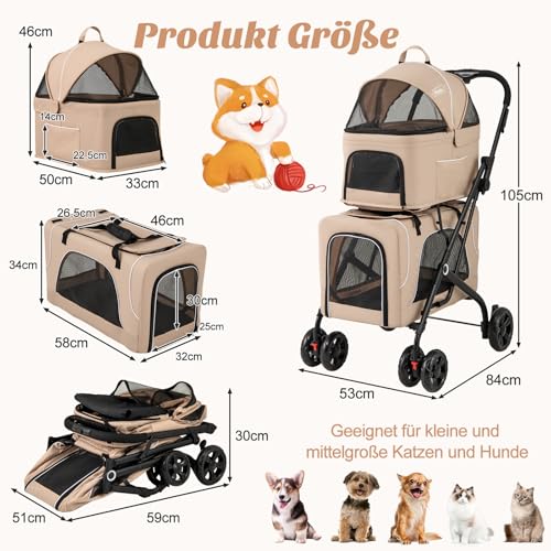 COSTWAY 3 in 1 Hundewagen, Hundebuggy 2 Etagen mit Netzfenstern & Taschen & Polstern, Oxford & Metall, Haustiere Buggy bis 16 kg, Hundebox Transporttasche klappbar, für Hunde Katzen Haustiere (Beige)