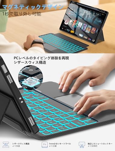 【2025年新モデル・横/縦対応】IVEOPPE ipad Air (M3/M2) 13インチ ケース ipad pro 12.9インチ 第6/5/4/3世代用 キーボードタッチパッド付き 7色バックライト 横置き 縦置き 軽量 磁気吸着 分離式 ワイヤレス bluetoothキーボードカバー ペン収納 多角度調整 Type-C充電式 日本語取扱説明書付き ブラック