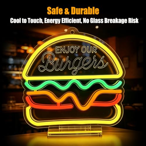 Image of Burger Neon Sign, Type-C & USB Powered Neon Lights with Base Stand | Cute LED Food Neon Signs for Kids Bedroom, Game Room, Kitchen, Desk & Wall Art, Aesthetic Room Decor Gift, Hooks Included