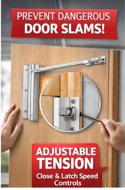 Image of Automatic Door Closer Adjustable Spring Mechanism for Home, Office & Wooden Metal Doors, Auto Door Closer with Silent Soft Close, Heavy Duty Door Closure Hinges for Safety, Easy Installation