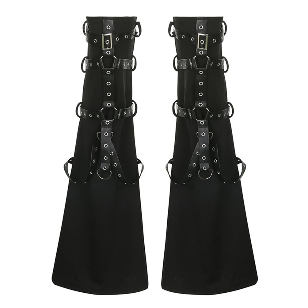 ThiCc Y2K Black Leg Warmers For Women Teens - Gothic Punk Flared Leg Sleeves Grunge Gyaru Harajuku Baggy Leg Covers Metal Buckle PU Straps Decor Emo Rave Festival Accessories (Black,L)