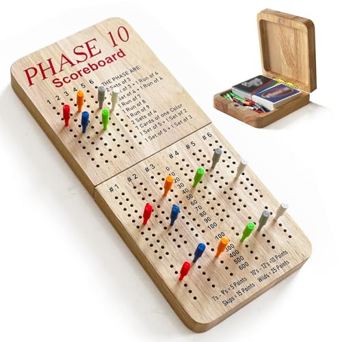 Tuiiopoli Score Board for Phase 10 Thicken Real Quailty Hardwood Oak Scoreboard with 6 Colored Pegs Wooden Score Sheets Tracker Board Party Family Night Oak Accessories Board