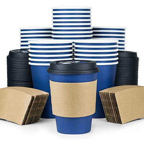 Glowcoast Disposable Coffee Cups With Lids - 12 oz To Go Coffee Cup (110 Pack). Large Travel Cups Hold Shape With Hot and Cold Drinks, No Leaks! Paper Cups with Insulated Sleeves Protect Fingers!
