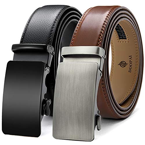 Image of DOOPAI Men's 2 Pack Ratchet Dress Belt - Adjustable 1 3 /8 inch Genuine Leather, Size Length Can Be Cut, With Gift Box