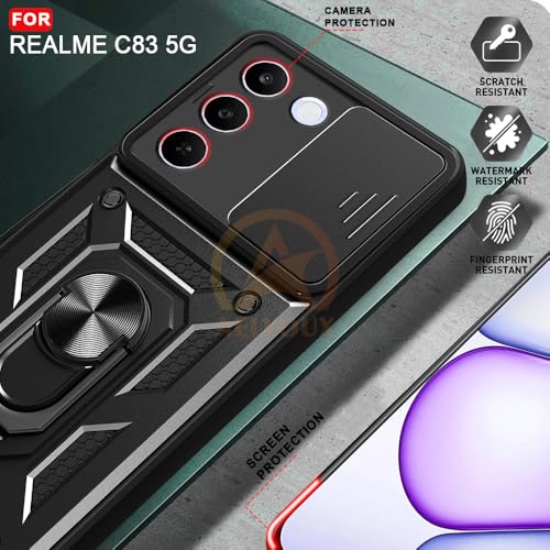 Image of Armor Bumper Back Cover Case for Realme C83 5G | Rotating Camera Cover, Ring Holder & Kickstand | Heavy Duty & 360 Degree Protection Realme C83 5G Back Cover (Black)
