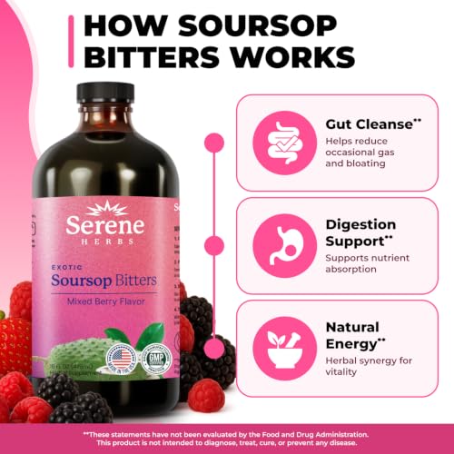 Image of Serene Herbs Soursop Bitters Liquid with Soursop Leaves for Gut Cleanse, Detox & Immune Boost with Black Seed, Moringa, Irish Moss, Ashwaganda, Turmeric,(16 Fl Oz (Pack of 1), Mixed Berry)