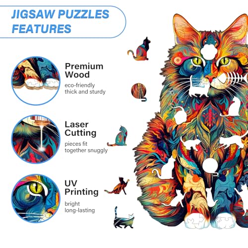 Rompecabezas de madera para adultos - Gato Maine Coon, rompecabezas jigsaw de madera | Rompecabezas únicos de animales en madera para adultos, regalos navideños para amantes de los rompecabezas (80 piezas, pequeño, 8,3" x 6,6") miniatura 4