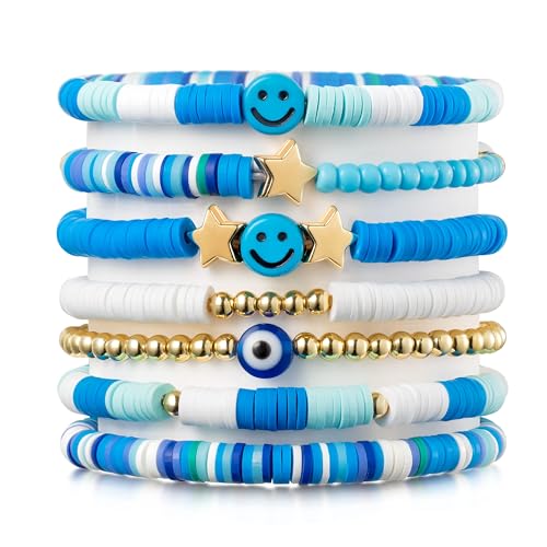 PANTIDE 7Pcs Sky Blue Preppy Heishi Bracelets Set Smile Heart Star Evil Eye Boho Beaded Bracelet Y2K Stretchable Pearl Wristband Summer Beach Bohemian Charm Friendship Bracelet Jewelry for Women Girls