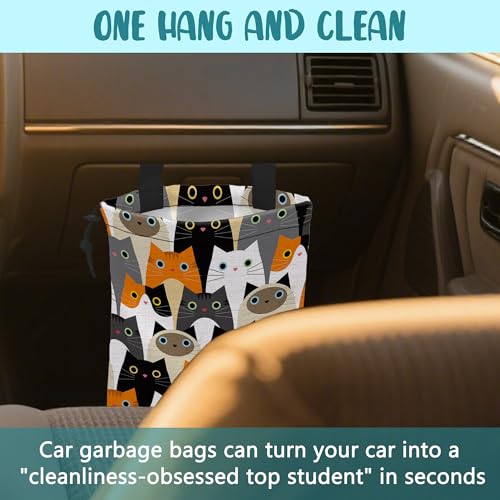 Image of Car Trash Bag Cute Cartoon Cats Leak-Proof Waterproof Car Garbage Bag with Drawstring Foldable Canvas Trash Bin with Adjustable Buckle for Car Accessories, Travelling, Camping
