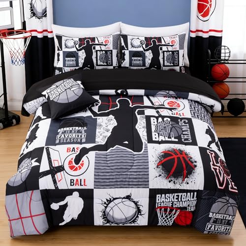 Aimuan Basketball Bedding Set for Boys Kids Teens Soft Black and Red Sports Geometric Grid Patchwork Theme Basketball Bedding Sets Twin Size Black