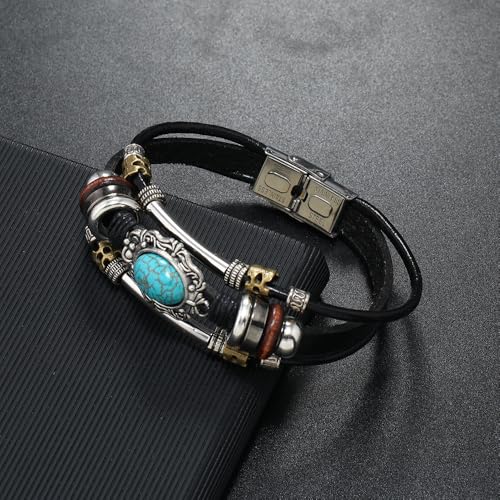 Pack of 4 Leather Bracelets for Men and Women, Braided Cord, Tree of Life, Vintage Bracelet, Adjustable, Black/Brown, One Size, Bohemian, Leather4