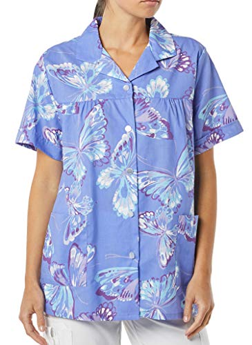 AmeriMark Women's Button Front Smock Casual Button-Down Shirt w/Patch Pockets Purple Butterfly 3X