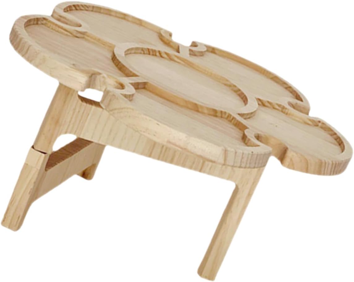 POPETPOP Portable Wooden Wine Desk Folding Picnic Table Outdoor Beach Beverage Holder 35cm Diameter Petal Shape Compact Table for Camping and BBQ