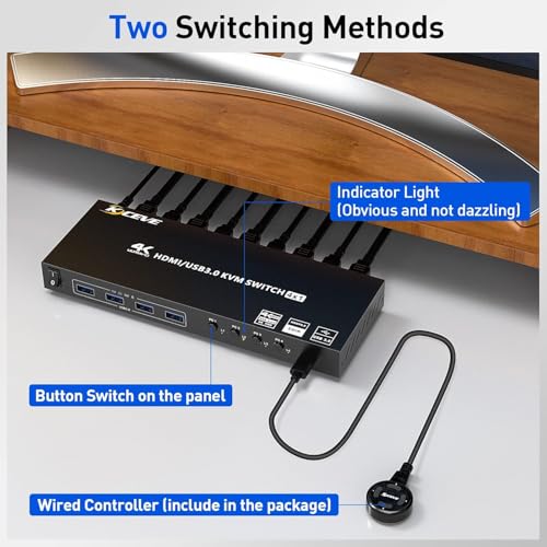 Image of HDMI KVM Switch 4 Ports with Audio, KCEVE 4K@60Hz USB 3.0 4 PC KVM Switcher with EDID Emulator for 4 Computers Share Mouse Keyboard and Monitor