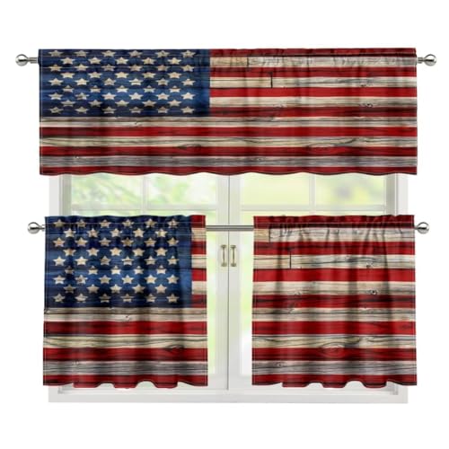 Rustic American Flag Kitchen Valance & Tier Curtain Retro Independence Day Rod Pocket Bedroom Dining Room Cafe Office Living Room 54 x 18 inches + 27 x 35.8 inches *2