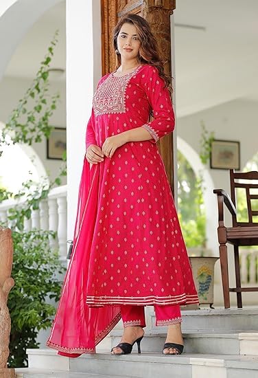 Image of Women's Rayon 3 /4 Sleeves Round Neck Embroidery Work Anarkali Gown with Dupatta & Pant Set