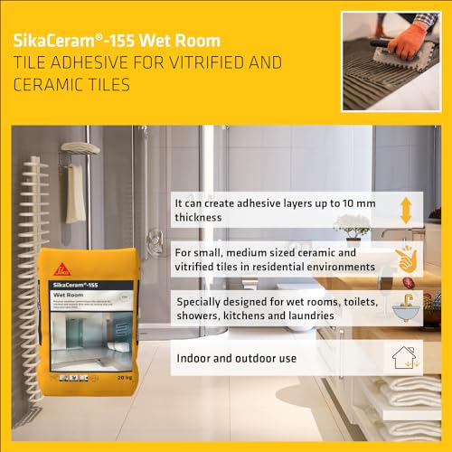 Image of SIKA - Tile adhesive - SikaCeram 155 Wet Room - Tile adhesive for vitrified and ceramic tiles for floor and wall - Indoor and outdoor use - Self curing - Grey - 20kg