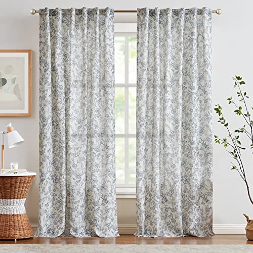 Lazzzy Linen Curtains Farmhouse Blue Floral Print Curtains 84 Inches Long Back Tab Drapes For Living Room Bedroom Semi Sheer Patterned Country Vintage Curtains 2 Panels Set Rod Pocket Blue On Beige #TOP1