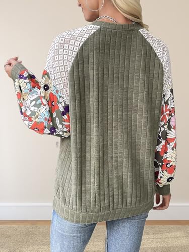 SKVON Floral Tops for Women Patchwork Long Sleeve Ribbed Blouses Crewneck Striped Crochet Print Shirts Lace Knit Sweaters4